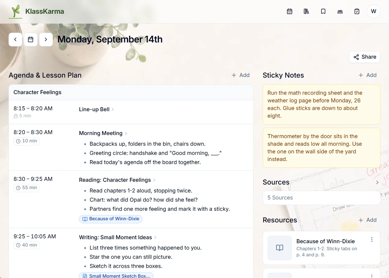 KlassKarma desktop agenda with lesson instructions, attached books and printables, resources, and sticky notes.